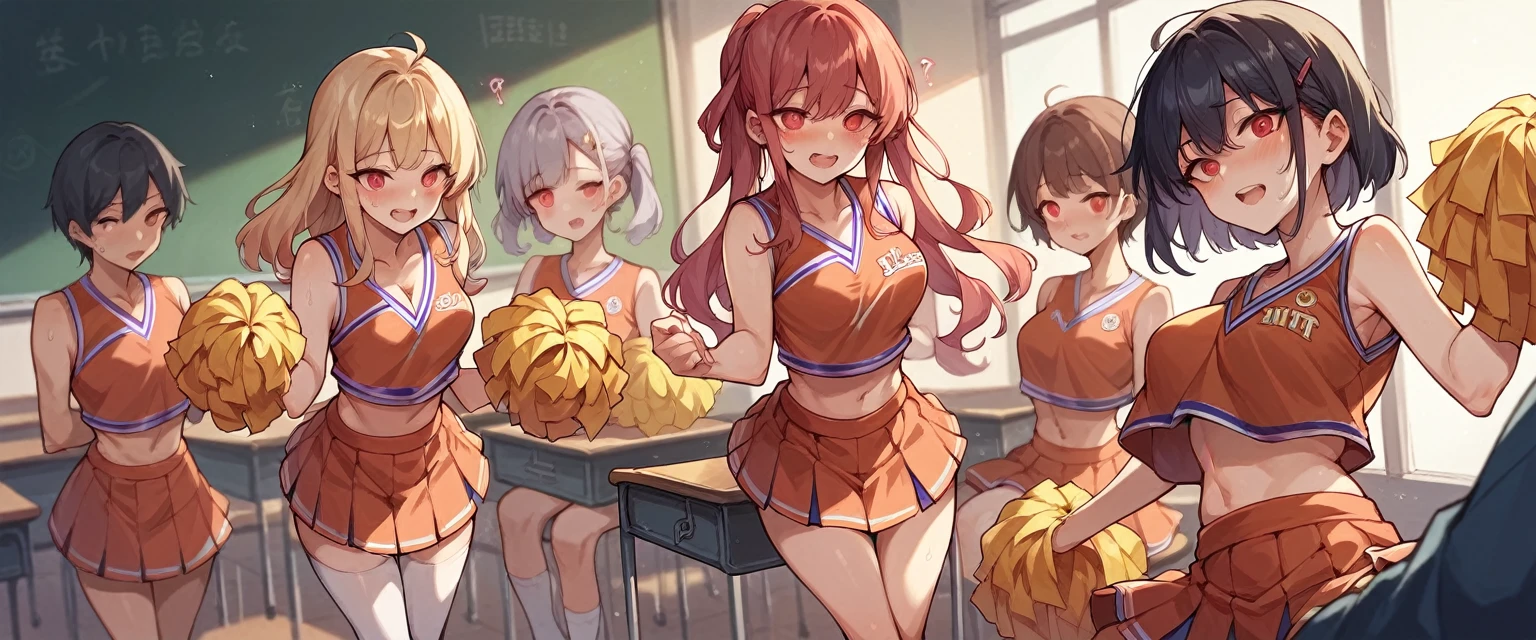 Multiple cheerleaders, red eyes, in classroom, mind control, cheerleader, having passionate group sex