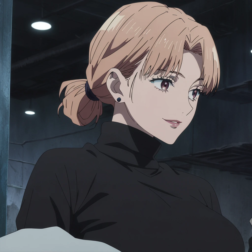 1girl, female gojo satoru, anime screencap from jujutsu kaisen, gojo satoru female version, solo, long_hair, blue eyes ((Brown_hair, wavy hair)), night view, (hanging breasts) upper_body, smile, indoors, brown_eyes, lips, (hair tied back stylized hairstyle) (wearing round sunglasses) ((wearing black sweater outfit)) breast, "very detailed and high resolution" (brown eyes) (( hair tied back stylized hairstyle)) ((solo)) (front view) (earings) ((high resolution)) ((good quality)) ((bangs)) 