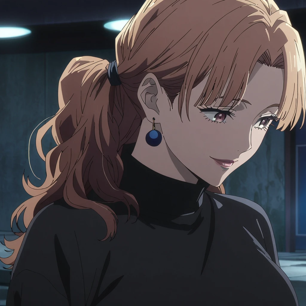 1girl, female gojo satoru, anime screencap from jujutsu kaisen, gojo satoru female version, solo, long_hair, blue eyes ((Brown_hair, wavy hair)), night view, (hanging breasts) upper_body, smile, indoors, brown_eyes, lips, (hair tied back stylized hairstyle) (wearing round sunglasses) ((wearing black sweater outfit)) breast, "very detailed and high resolution" (brown eyes) (( hair tied back stylized hairstyle)) ((solo)) (front view) (earings) ((high resolution)) ((good quality)) ((bangs))