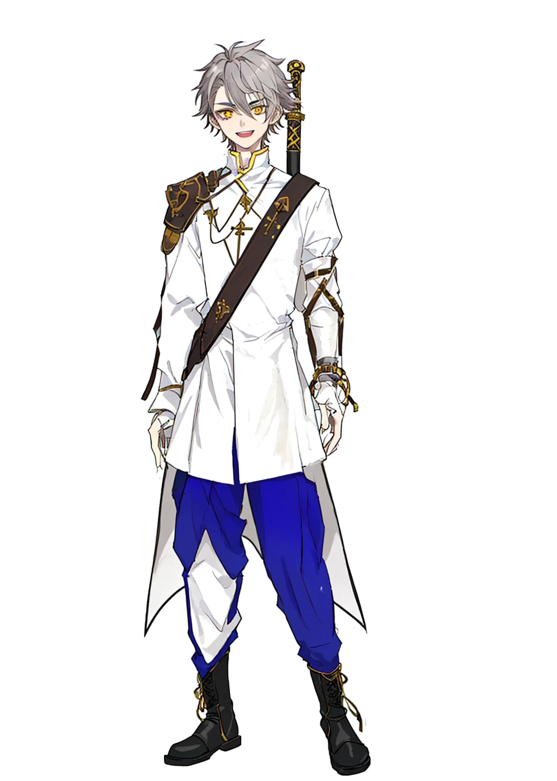 Anime, 1boy, A male character with messy gray hair and gray eyebrows to match. He has yellow eyes with black highlights and a wide smile showing his teeth. He is wearing a long white coat with yellow and brown accents, and a brown strap crossing from his right shoulder to his left waist. The character also wears white gloves, blue pants with black accents, and black boots. Behind him is a sword with a red gemstone on the pommel, which contains a clearly visible rune inside