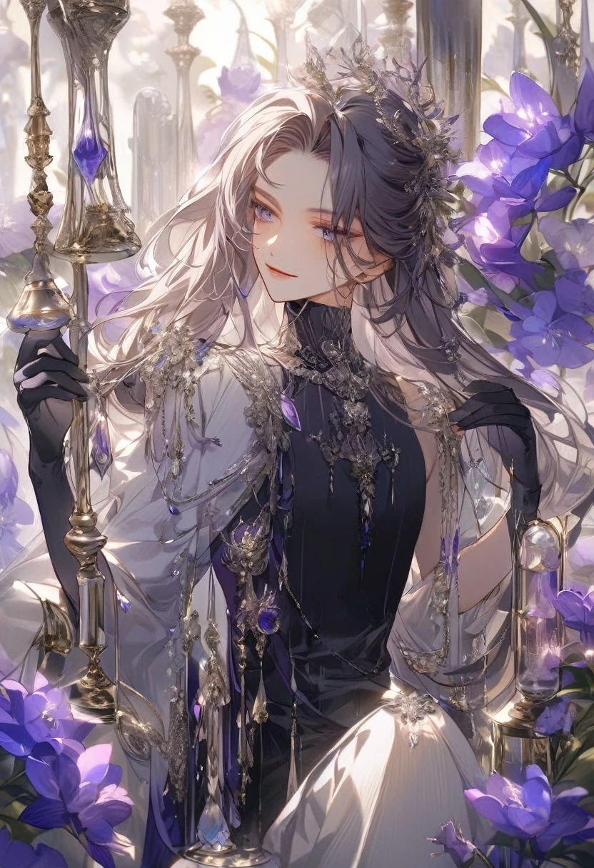 Feminine boy, soft womanish facial features, smile, squinted siren dark blue eyes without glare, silver ans dark purple long loose hair with straight bang, fantasy black clothes with blue and purple elements, long black gloves, model, gorgeous, elegant, lots of silver jewelry, flowers in his hair, skinny , hourglass figure, light lipstick, pants