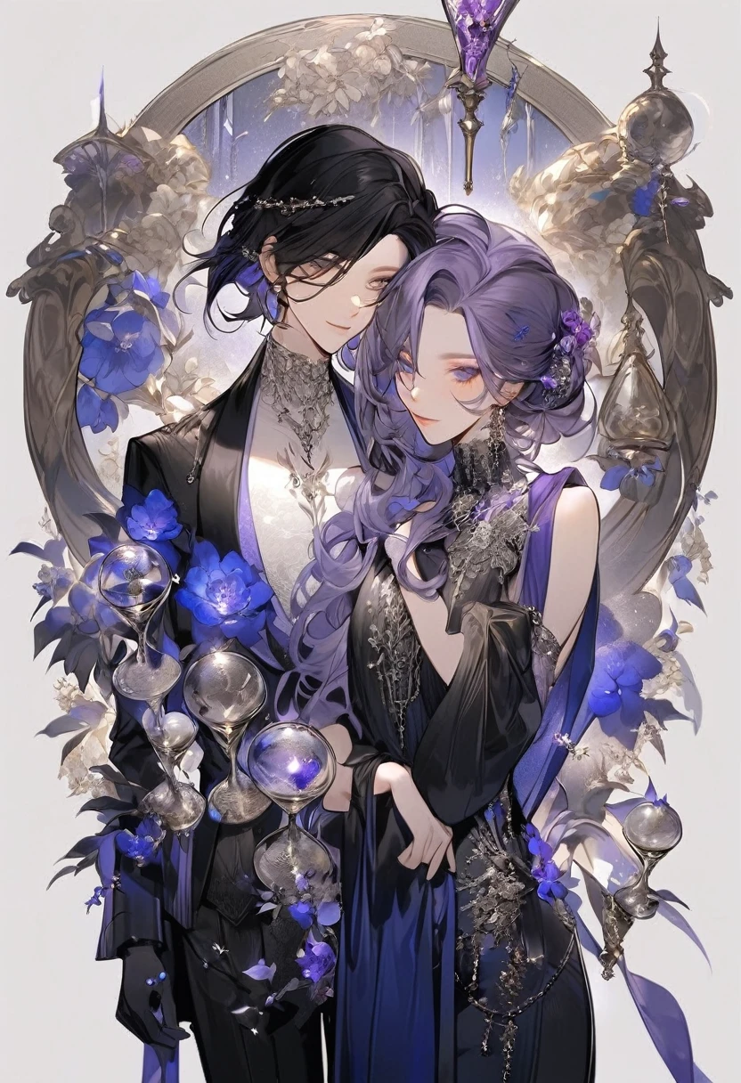 Feminine boy, soft womanish facial features, smile, squinted siren dark blue eyes without glare, silver ans dark purple long loose hair with straight bang, fantasy black clothes with blue and purple elements, long black gloves, model, gorgeous, elegant, lots of silver jewelry, flowers in his hair, skinny , hourglass figure, light lipstick, pants