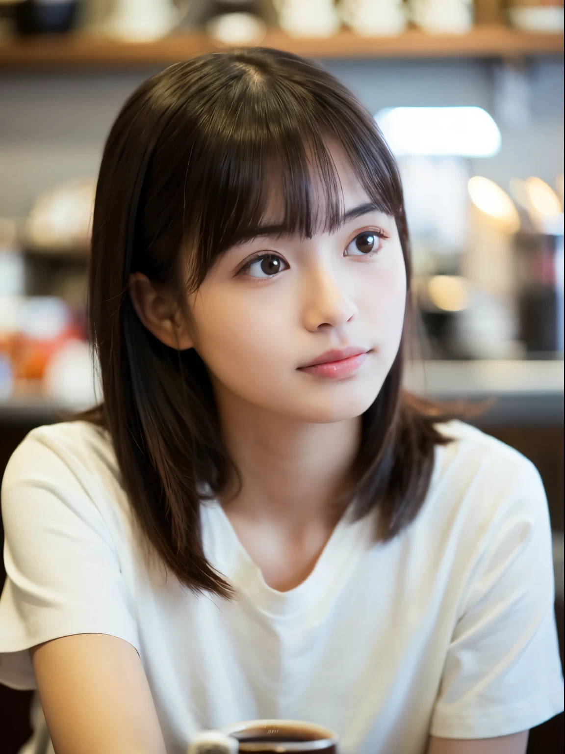 (8k, Top quality, Masterpiece:1.2), (Realistic, photo-realistic:1.37), Super detailed, perfect anatomy, cute, small eyes, 18-year-old, Japanese, in coffee shop, gazing at something, short sleeve,