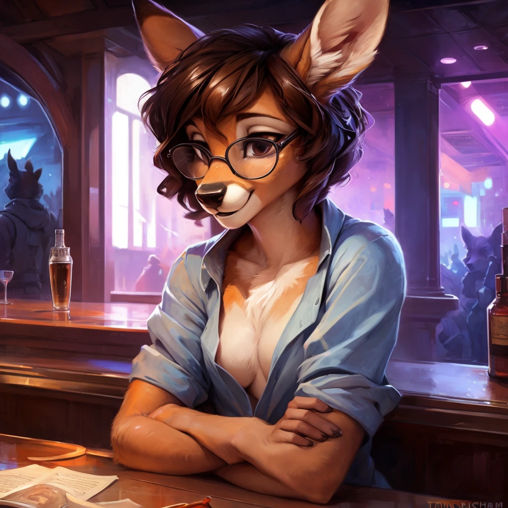 uploaded on e621, by Pixelsketcher, by Bayard Wu, by Thomas Benjamin Kennington , by Einshelm, by hioshiru and kenket, Chunie, portrait, solo anthro female deer doe, tiny featureless breasts, tiny breasts, clear dark blue, cinematic lighting, sitting inside at a party bar, night club background, shiny, short curly dark brown hair, short hair, wears big black nerd glasses, very very beautiful furry art, furry art, thoughtful, shiny, feminine, cute face, muzzle, fluffy chest, flawless face, Fallow deer, 1girl, Sakimichan is beautiful, Masterpiece, Wavethesallow Face, shiny, Detailed image, Detailed background, portrait, Detailed image, portrait, wears pure white wide, big blouse, shiny, realistic face, perfect anatomy, hourglass body, anthropomorphic deer, happy, very happy, small ears, huge black nerd glasses, wide happy eyes, smiles, big smile, holdind a cocktail glass, hourglass body, (furry body:1.1), anthropomorphic deer, small fluffy tail, detailed background, (cute anatomy:1.1), looks into the distance, sexy, sexy look