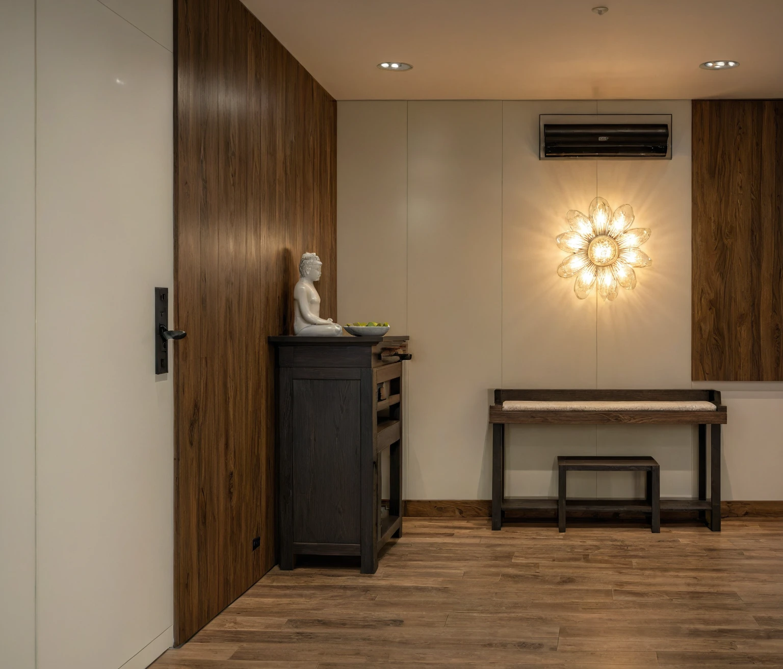 Raw photo, Masterpiece, high quality, best quality, authentic, super detail, interior, indoors,  style modern, minimalist line, wooden, dark walnut wood, LED light, white paint wall, LIVING ROOM, PEN HOUSE, wooden window, japan style, wasabi style, Jen style, steel stair, glass railing, paint wall decor, bookshelf, livingroom, Indochine style