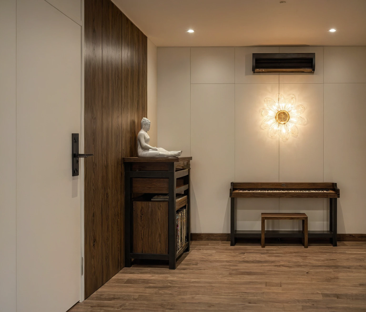 Raw photo, Masterpiece, high quality, best quality, authentic, super detail, interior, indoors, style modern, minimalist line, wooden, dark walnut wood, LED light, white paint wall, LIVING ROOM, PEN HOUSE, wooden window, japan style, wasabi style, Jen style, steel stair, glass railing, paint wall decor, bookshelf, livingroom, Indochine style
