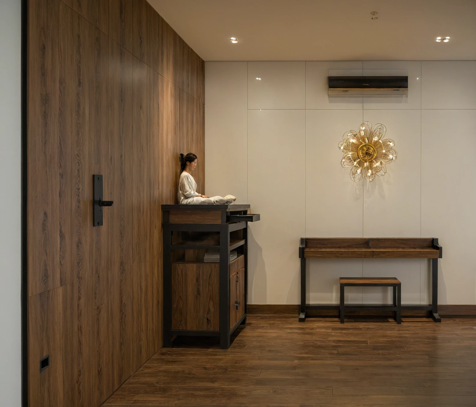 Raw photo, Masterpiece, high quality, best quality, authentic, super detail, interior, indoors,  style modern, minimalist line, wooden, dark walnut wood, LED light, white paint wall, LIVING ROOM, PEN HOUSE, wooden window, japan style, wasabi style, Jen style, steel stair, glass railing, paint wall decor, bookshelf, livingroom, Indochine style