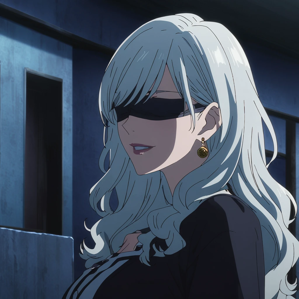 1girl, female gojo satoru, anime screencap from jujutsu kaisen, gojo satoru female version, solo, long_hair, ((black blindfold)) ((White_hair, wavy hair)), night view, (hanging breasts) upper_body, smile, indoors, book, lips, (slightly wavy hair) ((wearing casual outfit)) breast, "very detailed and high resolution" (black blindfold) ((shoulder length wavy hair)) ((solo)) (front view) (earings) ((high resolution)) ((good quality)) ((swept bangs))