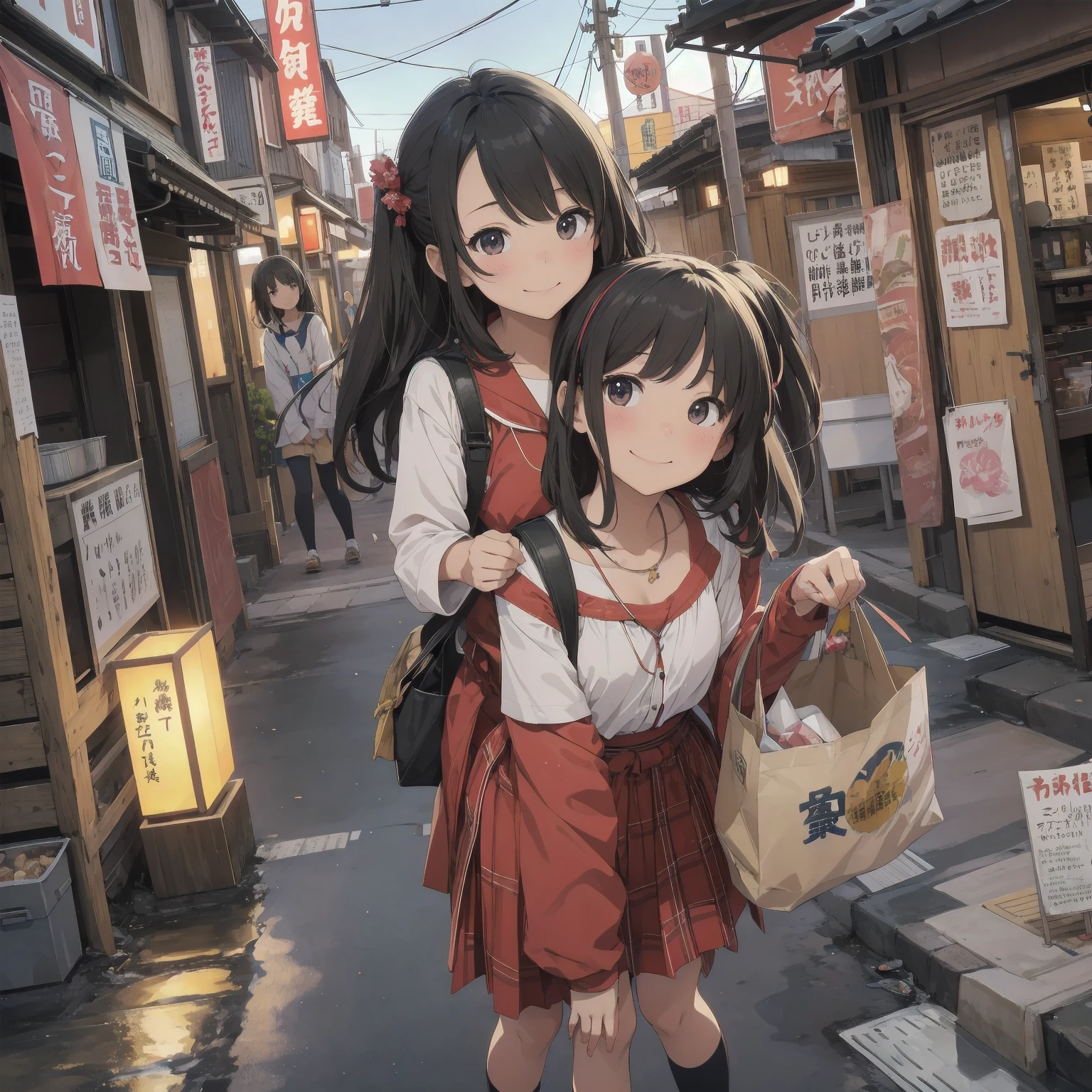 (masterpiece:1.2、Highest quality)、Hot Spring Town、Places to visit in Japan、Night view of tourist spot、Unsanitary and despicable environment、Shady Red Light District、Tavern on the street、(Detailed and cute face:1.3)、(３More than 100 cute girls)、Rusted metal、Dirty walls、sewage、Full of garbage、((Eat well))、((More than a dozen junior high school girls))、perfect anatomy、smile