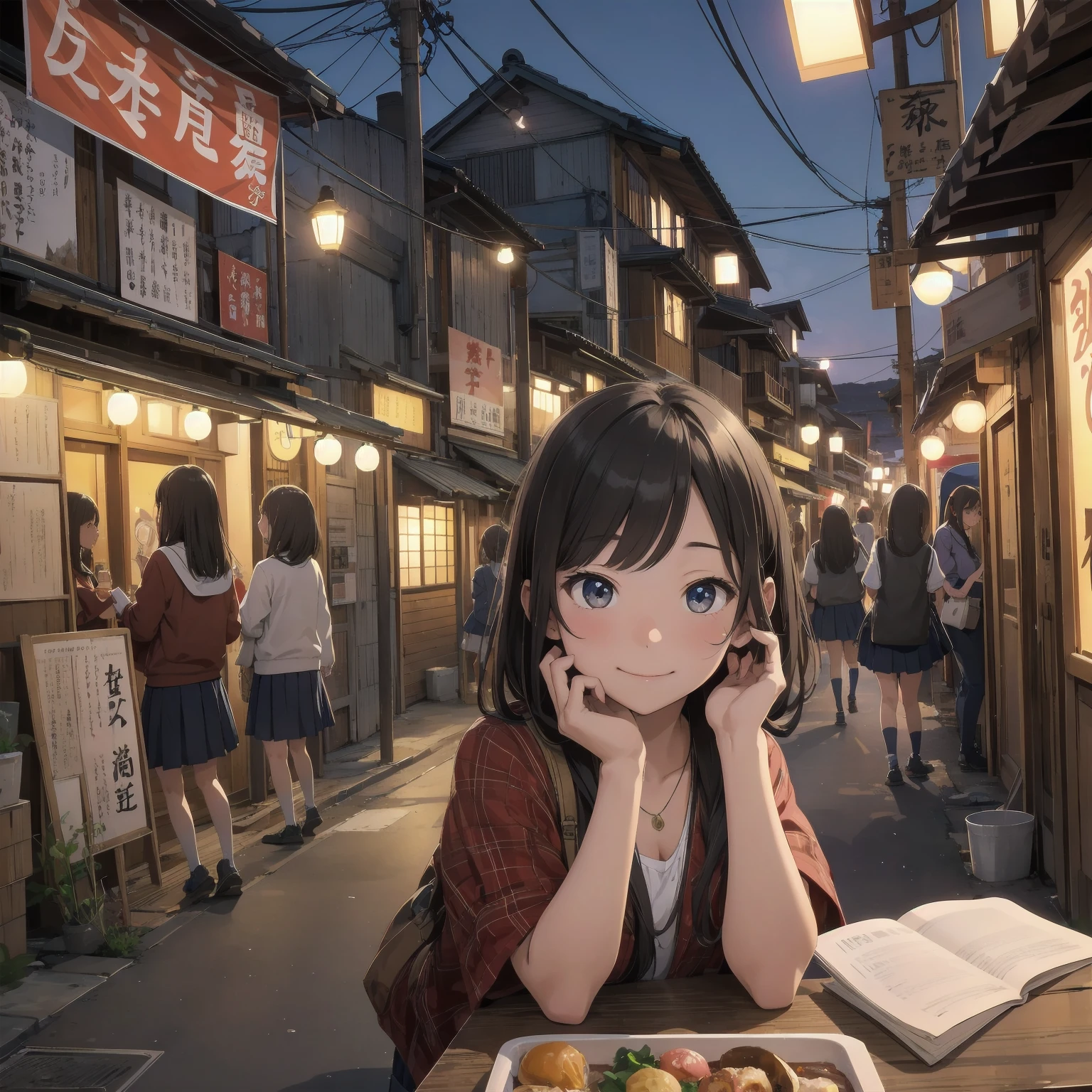 (masterpiece:1.2、Highest quality)、Hot Spring Town、Places to visit in Japan、Night view of tourist spot、Unsanitary and despicable environment、Shady Red Light District、Tavern on the street、(Detailed and cute face:1.3)、(３More than 100 cute girls)、Rusted metal、Dirty walls、sewage、Full of garbage、((Eat well))、((More than a dozen junior high school girls))、perfect anatomy、smile