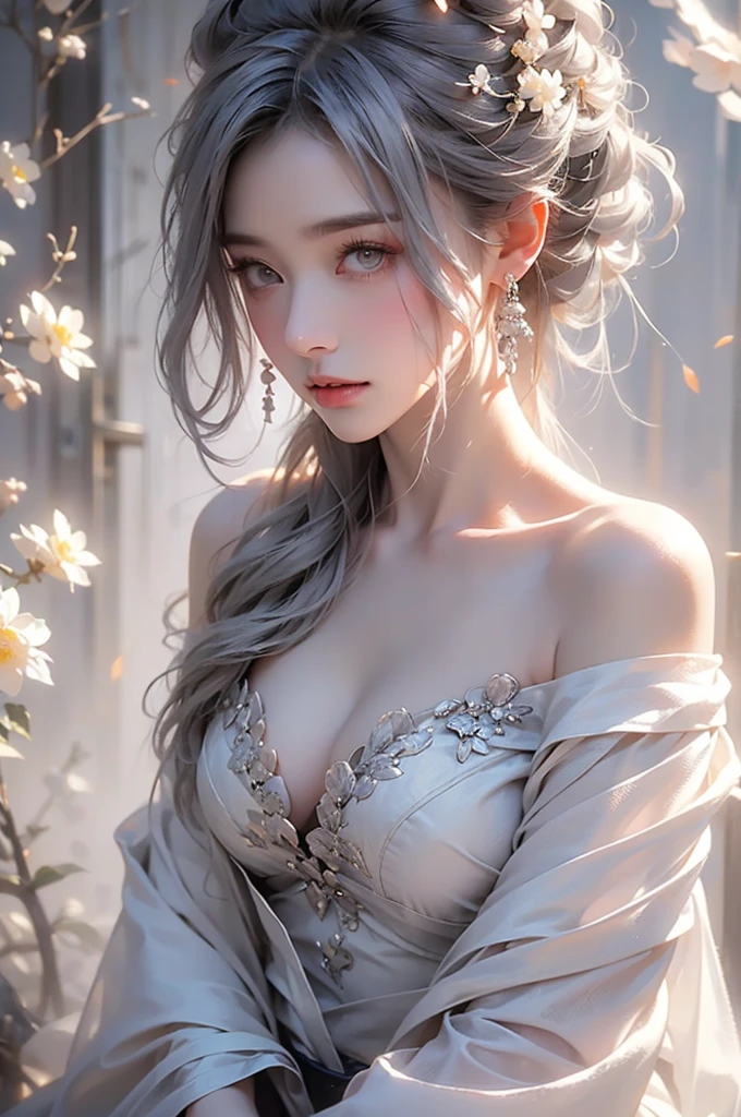 super high quality, masterpiece, Perfect illustration, Very detailed、8k wallpaper, Very detailed (Exquisite light and shadow, Very dramatic photo,Backlight) , ((Gray Hair:1.5))1 Girl, alone, (Wearing Han clothes, Royalty、Black and white Hanfu,Thick fabric,Long sleeve) Flower Field, Flowers, (White smoke:1.3) (Realistic:1.4), (Dynamic Angle: 1.4), Glowing Skin, (Floating colorful flashes: 1) The most beautiful chaotic shapes, elegant, Brutalist Design, Bright colors, Romantic Depth of Field Exotic_dance, half_naked、((Off the shoulder、Medium chest、Beautiful cleavage)),((Close-up image))
