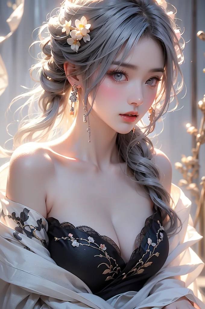super high quality, masterpiece, Perfect illustration, Very detailed、8k wallpaper, Very detailed (Exquisite light and shadow, Very dramatic photo,Backlight) , ((Gray Hair:1.5))1 Girl, alone, (Wearing Han clothes, Royalty、Black and white Hanfu,Thick fabric,Long sleeve) Flower Field, Flowers, (White smoke:1.3) (Realistic:1.4), (Dynamic Angle: 1.4), Glowing Skin, (Floating colorful flashes: 1) The most beautiful chaotic shapes, elegant, Brutalist Design, Bright colors, Romantic Depth of Field Exotic_dance, half_naked、((Off the shoulder、Medium chest、Beautiful cleavage)),((Close-up image))
