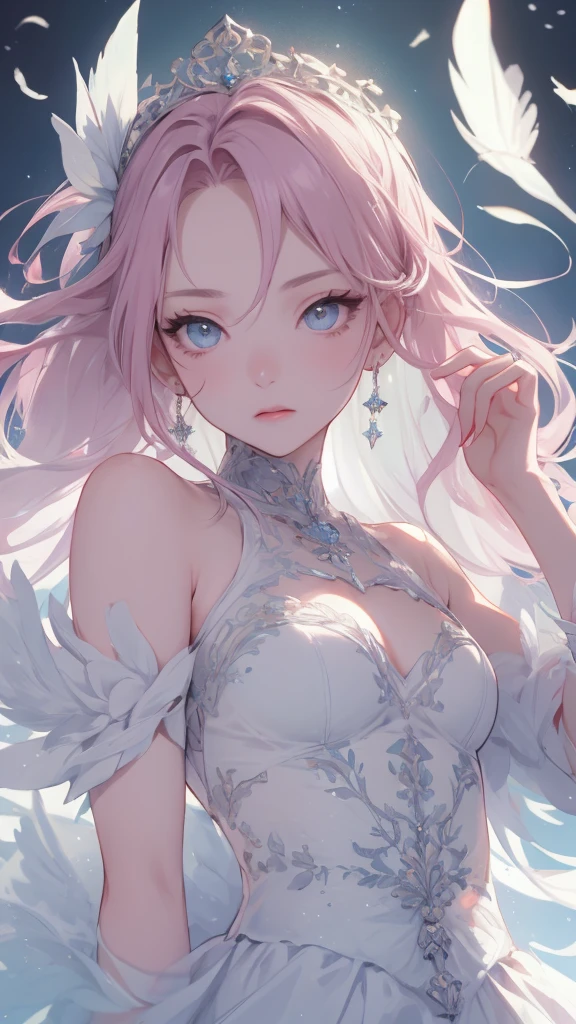 cabelo roxo (purple hair), Greek goddess, sculptural body, super detailed hand, super detailed face, hyper detailed body, No defects, (greeneyes), focused eyes, pretty detailed eyes, pale skin, blushed face, crown on head, long hair, slickedback hair, coiffure, expression of pleasure, fearless stance, partes do fully body, entire limbs, fully body, pink  hair, gorgeous fur, high resolution, 4K, lined eyes. fully body, toned thighs, small feet, Waist slender, big-ass, long white dress, small foot, role model, best qualityer, legs open, fearless pose, Point of view, wings with feather