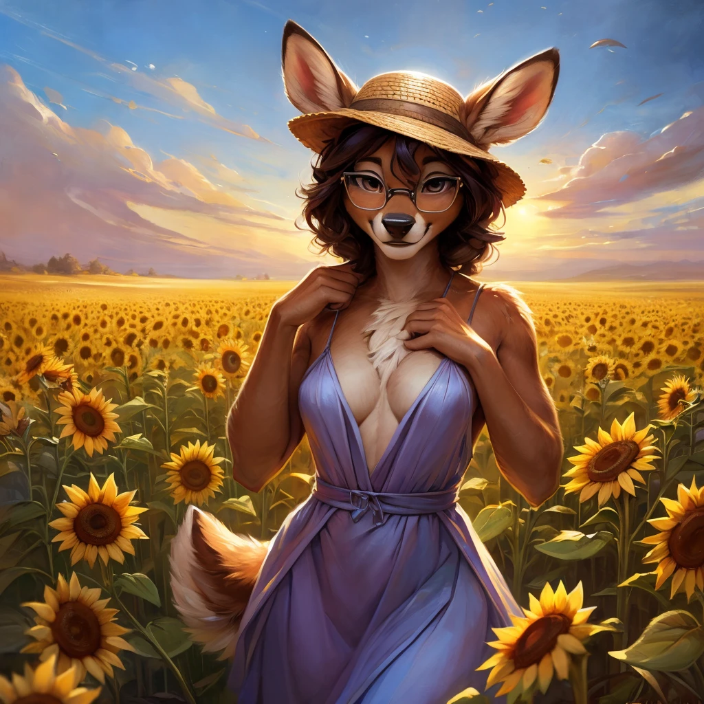 uploaded on e621, by Pixelsketcher, by Bayard Wu, by Thomas Benjamin Kennington , by Einshelm, by hioshiru and kenket, Chunie, portrait, solo anthro female deer doe, with small featureless breasts, clear dark blue, cinematic lighting, day, sunny day, sunflower field, stands in a sunflower field, sunflower field background, mediterranean background, horizon background, shiny, short curly dark brown hair, wears big black nerd glasses, very very beautiful furry art, furry art, smiling, joyful, shiny, happy, feminine, cute face, muzzle, fluffy chest, flawless face, Fallow deer, 1girl, Sakimichan is beautiful, Masterpiece, Wavethesallow Face, shiny, Detailed image, portrait, Detailed image, portrait, full body, wearing pure white and wide spaghetti straps dress, wearing big and wide beige summer straw hat, shiny, realistic face, perfect anatomy, hourglass body, (furry body:1.1), anthropomorphic deer, looks at the viewer, small fluffy tail, detailed background, (cute anatomy:1.1), stands in a lavender field
