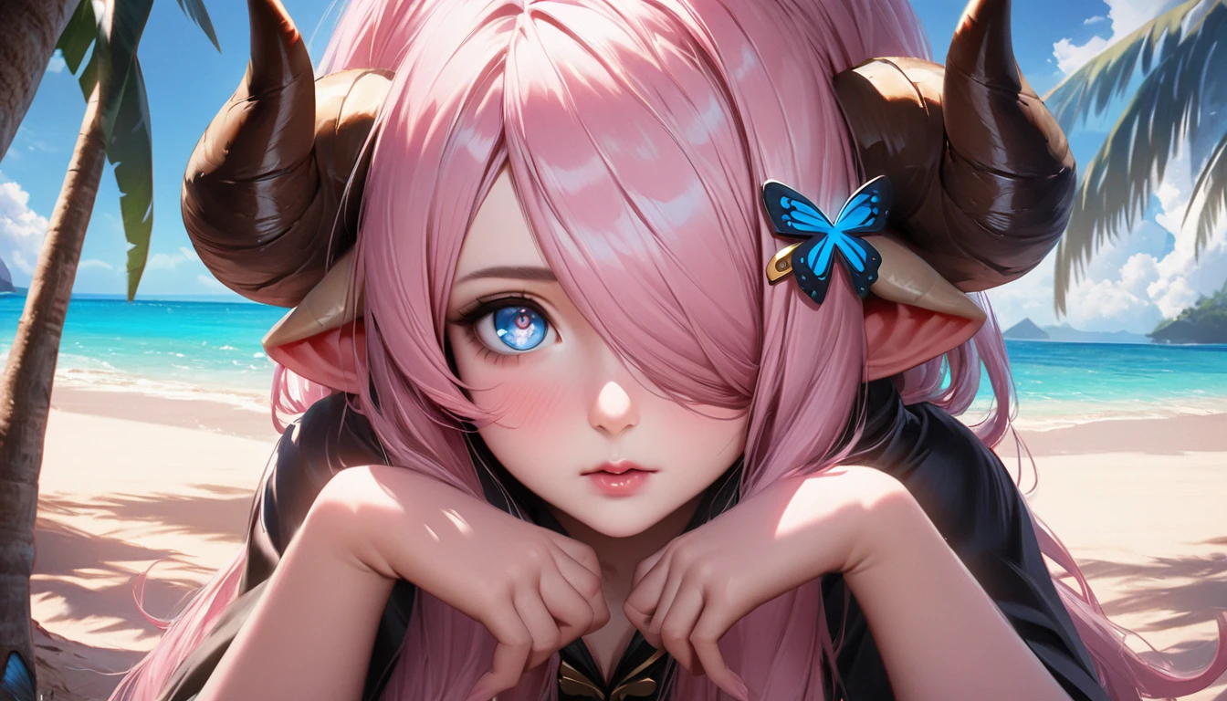Vibrant, high-definition anime-style illustration set on a tropical beach. The layout features a central female character, Narmaya, with long pink hair, partially covered by a hooded cloak adorned with brown horns. She has fair skin, large expressive blue eyes and pink pupils, and a small blue butterfly hair clip. One eye is covered by her hair. The character is wearing a revealing black bikini with gold accents, and her hands are holding the edges of her cloak. The background showcases a pristine beach with white sand, lush green foliage, and tall palm trees. The clear blue sky and turquoise ocean complete the idyllic setting, with distant islands visible on the horizon. Narmaya and her attire are meticulously detailed. The intense effort put into shading brings this image to a realistic style. (masterpiece), best quality, expressive eyes, perfect face, suggestive pose, purple and pink background, seductive, fantasy, 8k, absurdres, narmaya, pink hair, blue eye with pink pupil, hair over eye, draph, horns, butterfly hair clip, black bikini, hood, defined hands, perfect hands, perfect fingers, life-like, realistic, semi-realistic, realistic shading, realistic lighting, modern anime,