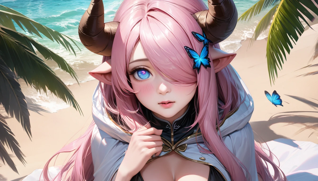 Vibrant, high-definition anime-style illustration set on a tropical beach. The layout features a central female character, Narmaya, with long pink hair, partially covered by a hooded cloak adorned with brown horns. She has fair skin, large expressive blue eyes and pink pupils, and a small blue butterfly hair clip. One eye is covered by her hair. The character is wearing a revealing black bikini with gold accents, and her hands are holding the edges of her cloak. The background showcases a pristine beach with white sand, lush green foliage, and tall palm trees. The clear blue sky and turquoise ocean complete the idyllic setting, with distant islands visible on the horizon. Narmaya and her attire are meticulously detailed. The intense effort put into shading brings this image to a realistic style. (masterpiece), best quality, expressive eyes, perfect face, suggestive pose, purple and pink background, seductive, fantasy, 8k, absurdres, narmaya, pink hair, blue eye with pink pupil, hair over eye, draph, horns, butterfly hair clip, black bikini, hood, defined hands, perfect hands, perfect fingers, life-like, realistic, semi-realistic, realistic shading, realistic lighting, modern anime,