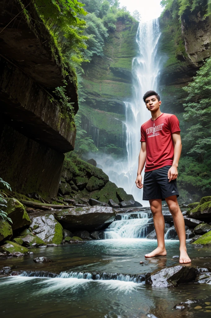 A young man who went to visit to waterfall 
Clear image 