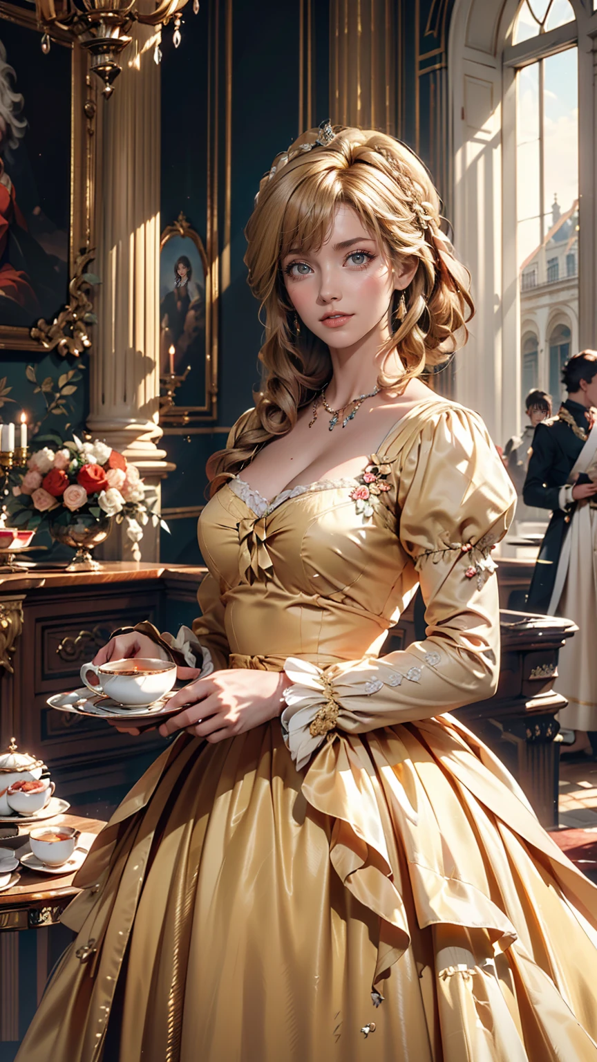 ((最high quality, 8K, masterpiece: 1.3, Ultra HD, high quality, 最high quality, High resolution, realism)) 、Marie Antoinette、Wear a Bourbon dynasty dress、Blonde、Upstyle your hair、Inside the Palace of Versailles in France、Enjoy tea time in a luxurious room