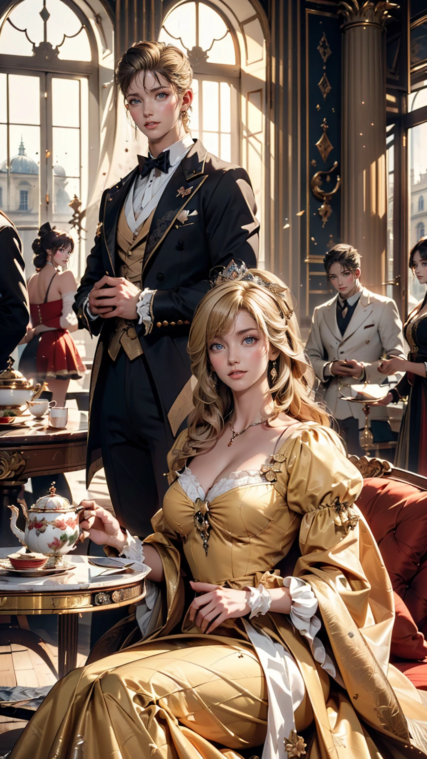 ((最high quality, 8K, masterpiece: 1.3, Ultra HD, high quality, 最high quality, High resolution, realism)) 、Marie Antoinette、Wear a Bourbon dynasty dress、Blonde、Upstyle your hair、Inside the Palace of Versailles in France、Enjoy tea time in a luxurious room