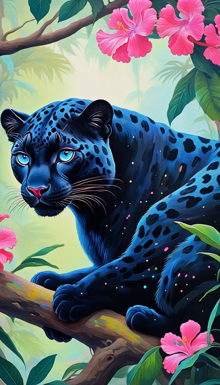 The black leopard sat only on the branch, in the style of vibrant pop surrealism, Royal blue eyes，light pink and light crimson, realistic hyper-detail, enigmatic tropics, thick paint layers, realistic depictions, dot-painted colors, optical blending