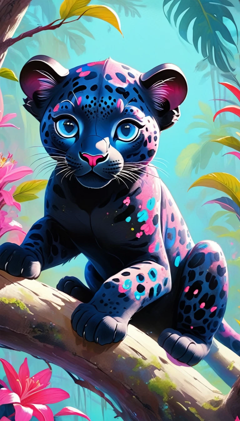The black leopard sat only on the branch, in the style of vibrant pop surrealism, Royal blue eyes，light pink and light crimson, realistic hyper-detail, enigmatic tropics, thick paint layers, realistic depictions, dot-painted colors, optical blending