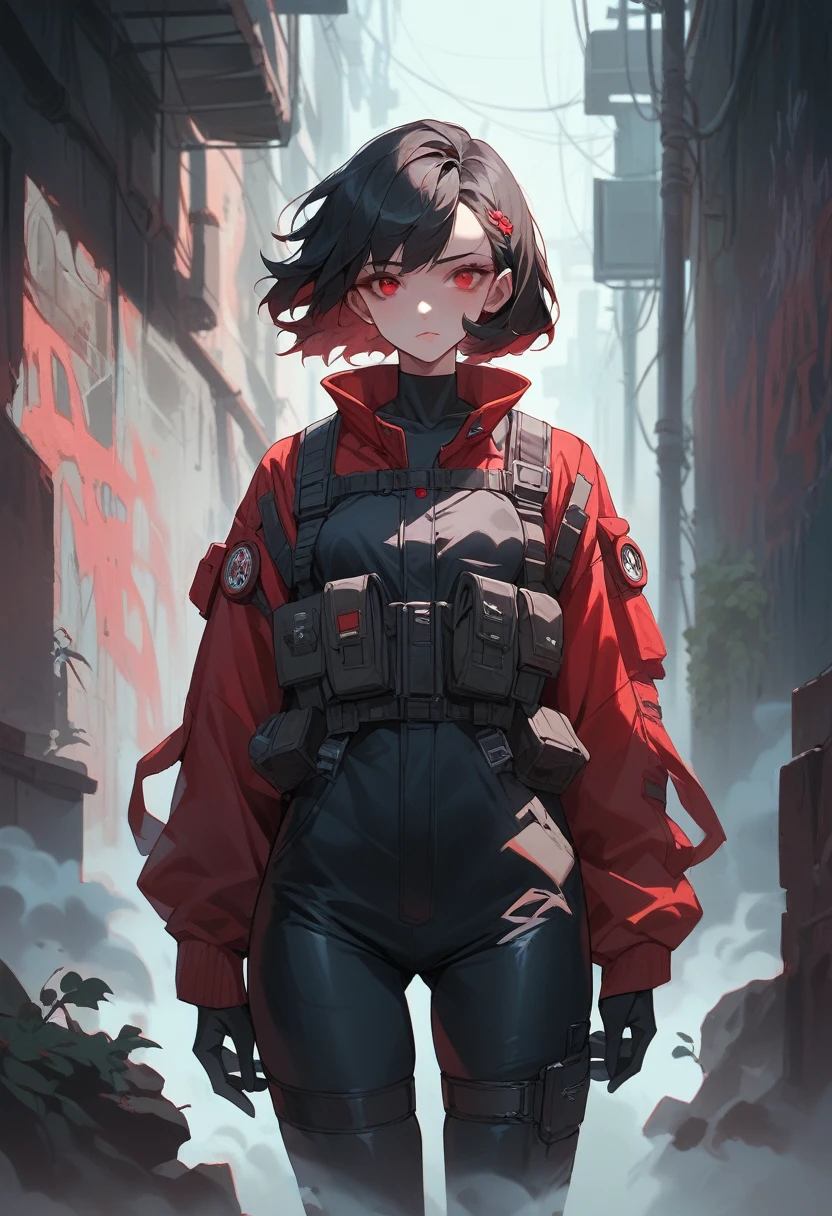 1girl, red survival suit, black hair, red eyes, dark alley, red graffiti, japanese led, fog, 8k, ambient occlussion, focus on subject