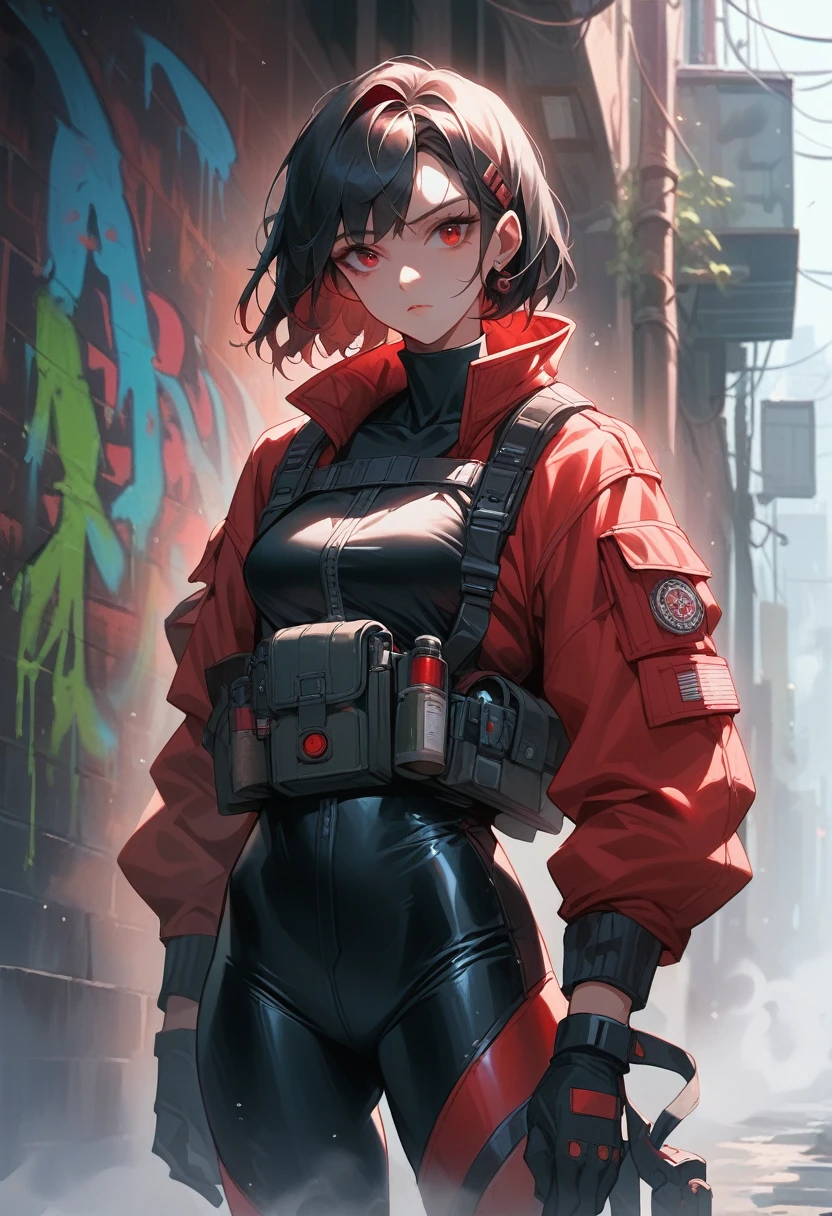 1girl, red survival suit, black hair, red eyes, dark alley, red graffiti, japanese led, fog, 8k, ambient occlussion, focus on subject