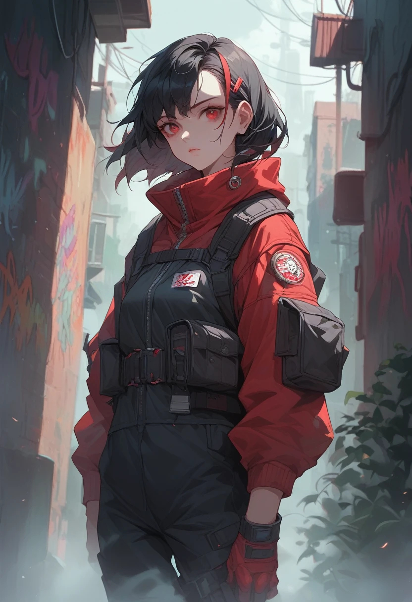 1girl, red survival suit, black hair, red eyes, dark alley, red graffiti, japanese led, fog, 8k, ambient occlussion, focus on subject