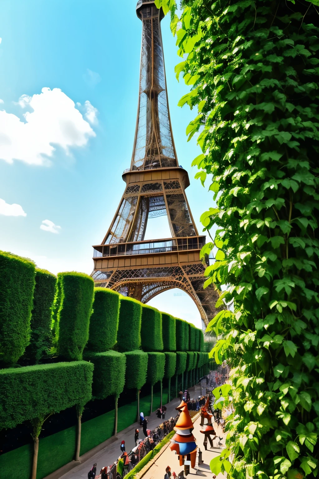 View of the Eiffel Tower but it is overgrown with plant life and there are small gnomes playing on it