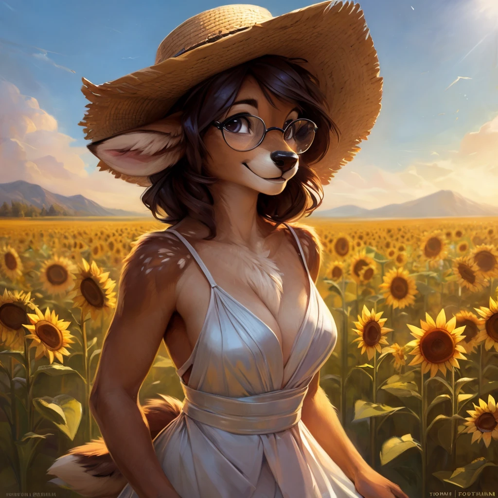 uploaded on e621, by Pixelsketcher, by Bayard Wu, by Thomas Benjamin Kennington , by Einshelm, by hioshiru and kenket, Chunie, portrait, solo anthro female deer doe, with small featureless breasts, clear dark blue, cinematic lighting, day, sunny day, sunflower field, stands in a sunflower field, sunflower field background, mediterranean background, horizon background, shiny, short curly dark brown hair, wears big black nerd glasses, very very beautiful furry art, furry art, smiling, joyful, shiny, happy, feminine, cute face, muzzle, fluffy chest, flawless face, Fallow deer, 1girl, Sakimichan is beautiful, Masterpiece, Wavethesallow Face, shiny, Detailed image, portrait, Detailed image, portrait, full body, wearing pure white and wide spaghetti straps dress, wearing big and wide beige summer straw hat, shiny, realistic face, perfect anatomy, hourglass body, (furry body:1.1), anthropomorphic deer, looks at the viewer, small fluffy tail, detailed background, (cute anatomy:1.1), stands in a lavender field