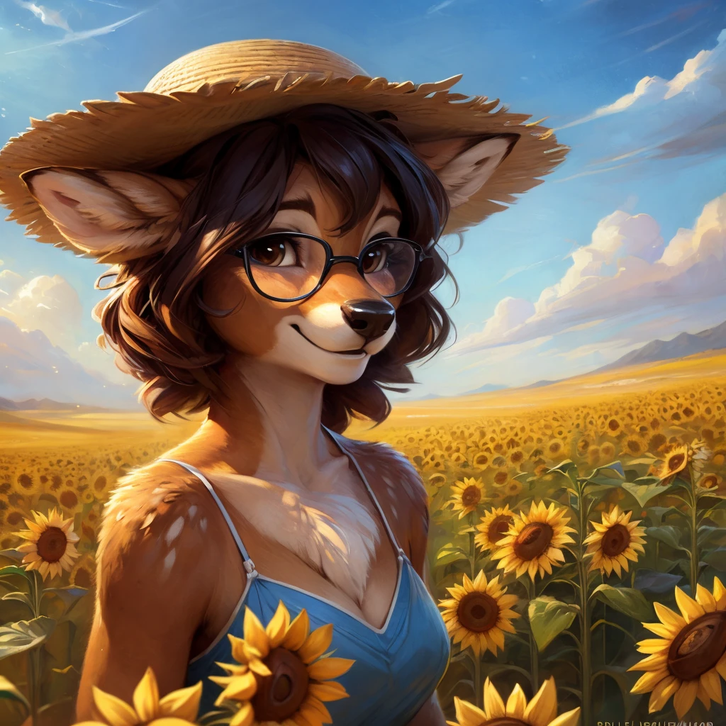 uploaded on e621, by Pixelsketcher, by Bayard Wu, by Thomas Benjamin Kennington , by Einshelm, by hioshiru and kenket, Chunie, portrait, solo anthro female deer doe, with small featureless breasts, clear dark blue, cinematic lighting, day, sunny day, sunflower field, stands in a sunflower field, sunflower field background, mediterranean background, horizon background, shiny, short curly dark brown hair, wears big black nerd glasses, very very beautiful furry art, furry art, smiling, joyful, shiny, happy, feminine, cute face, muzzle, fluffy chest, flawless face, Fallow deer, 1girl, Sakimichan is beautiful, Masterpiece, Wavethesallow Face, shiny, Detailed image, portrait, Detailed image, portrait, full body, wearing pure white and wide spaghetti straps dress, wearing big and wide beige summer straw hat, shiny, realistic face, perfect anatomy, hourglass body, (furry body:1.1), anthropomorphic deer, looks at the viewer, small fluffy tail, detailed background, (cute anatomy:1.1), stands in a lavender field
