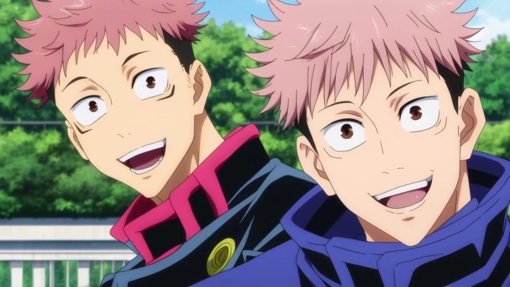 masterpiece, best quality, 1boy, itadori_yuuji, jujutsu kaisen, portrait, upper body, looking at viewer, against railing, outdoors, pink hair, undercut, brown eyes, open mouth, light smile, (black gakuran),