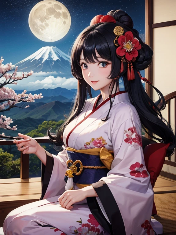 (Highest quality、masterpiece、High resolution、8K)、Ukiyo-e、Vibrant colors、Katsushika Hokusai、1 female、Black hair Japanese topknot、whole body、着物は白地に鮮やかなflower柄模様、Official Art、背景はUkiyo-e風、White waves,Fuji Mountain,flower,moon,cloud,