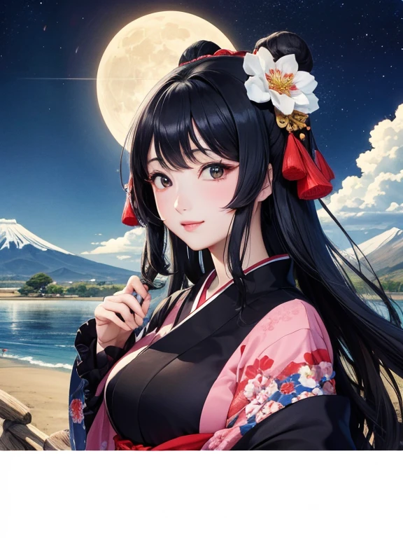 (Highest quality、masterpiece、High resolution、8K)、Ukiyo-e、Vibrant colors、Katsushika Hokusai、1 female、Black hair Japanese topknot、whole body、着物は白地に鮮やかなflower柄模様、Official Art、背景はUkiyo-e風、White waves,Fuji Mountain,flower,moon,cloud,