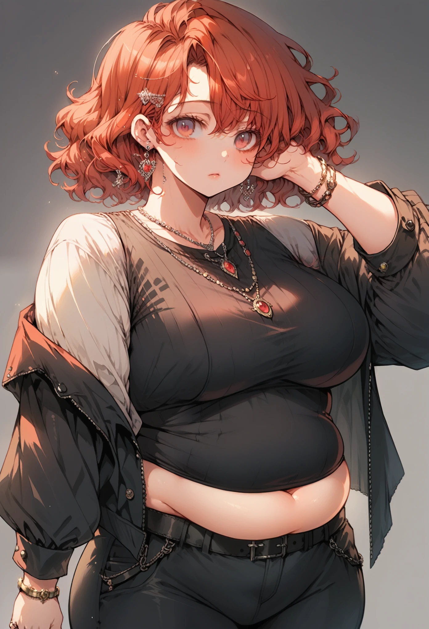 Curvy anime girl, overweight fat girl, pretty anime girl, beautiful chubby anime girl, big tummy, large breasts, wide hips, curvy butt, stomach rolls, stomach bump, fashionable, cool clothes, fun clothes, fashion, accessories, jacket, jewelry, bracelet, earrings, necklace, rings, accessories, belt, skirt, dress, pants, shirt, long shirt, low cut tshirt, baggy shirt, confident, cool fashionable girl, attractive, cool, hot woman, short wavy red hair hair, short bob length hair, red, bright colored hair, wavy hair, short hair, bob, shoulder length hair