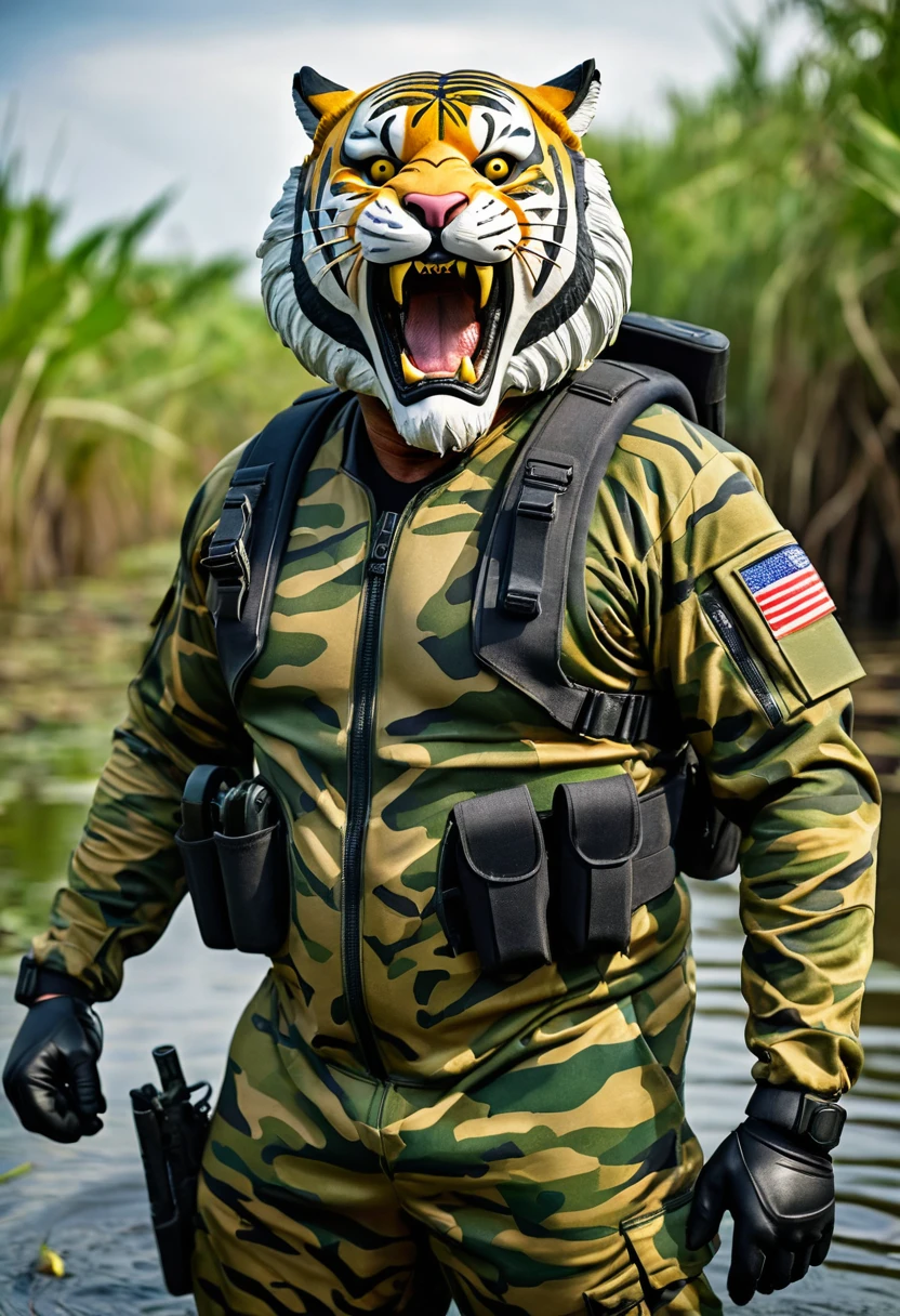 (a dark-skinned bearded fat old man in army camouflage zipper diver suit) (wearing proportionate realistic roaring tiger mask that show the wearer eyes), thumbs up, carrying a gun holster on his right hip, muscular, Basuki Abdullah, sumatraism, muscular physique, imposing stature, action, a character portrait, heroic, fierce, snarling, best quality, swimming in a swamp