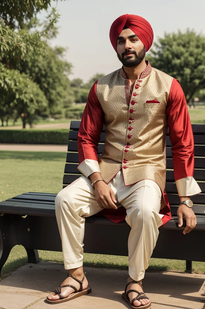 so sute 25 year man beautiful face and boy badmash sitting on a bench man sitting casually on front of a all colours Punjabi salwar kameez and peshawari sandal The background park the image is a party theme. Write 'Asim' on the Make sure the text is not misspelled.so cute badmashi face and medium long red hair with and pind with sitting on