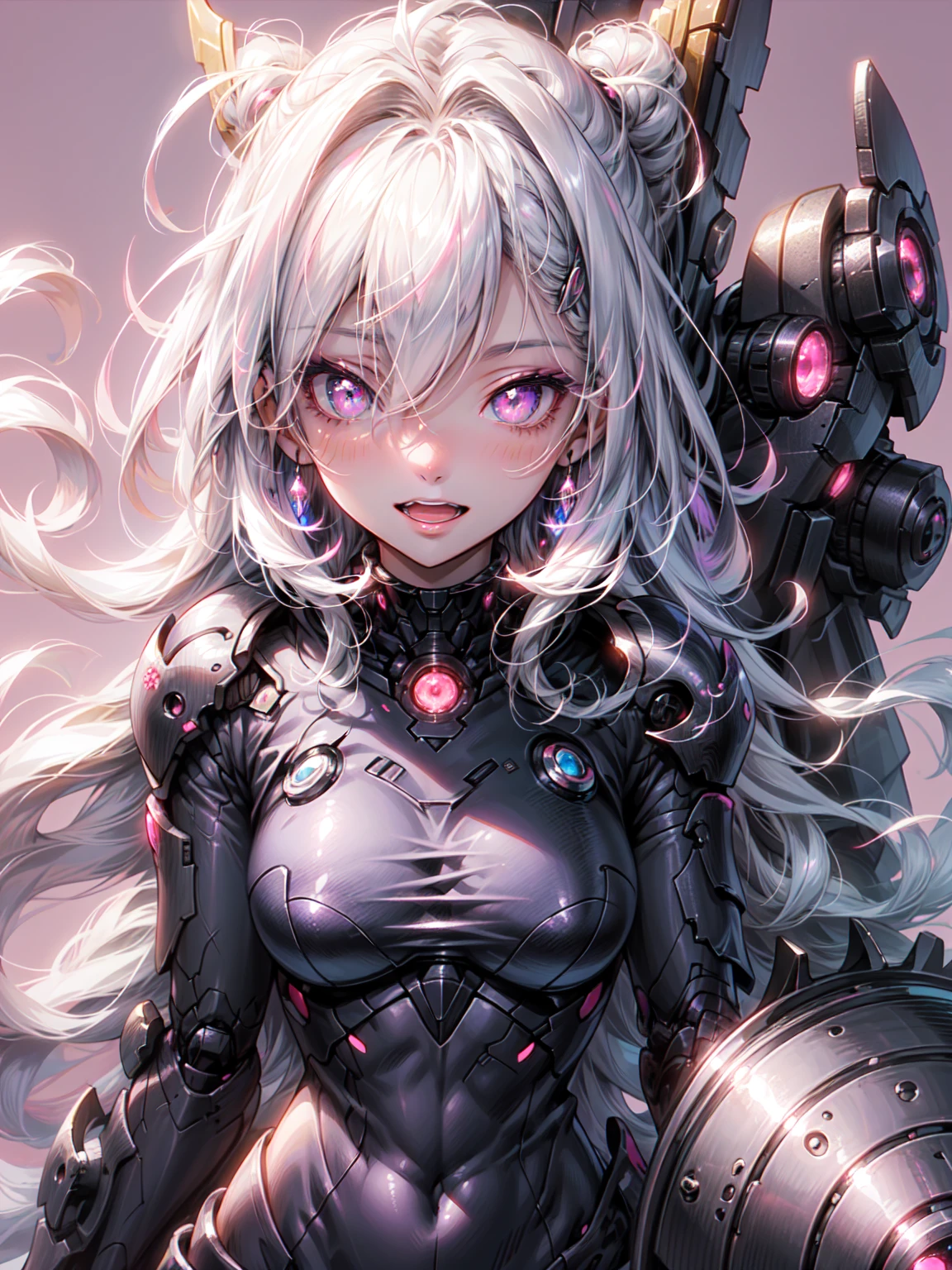 1 Girl, Black Hair, teeth, Floating Hair, Long Hair, Looking at the audience, Open your mouth, Pink Background, Pink Eyes, Pink Theme, alone, Pupil in the shape of a symbol, teeth, tongue, tongue out、Organic Armor Cyborg、Machinery Armor、break、（Dark Elf), (1 Girl), alone, Perfect Face, Get used to it, Ahoge, ((Long Hair:1.2)), (Hair above one eye:1.3), [[Messy Hair]], Shiny blonde white hair, Purple eyes, Variegated eyes, Colorful Hair, Shining Eyes, (eyelash, eye shadow, pink eye shadow), bright, smile, Design Art：Haruhiko Mikimoto, by Kawashi, By Yoshitaka Amano