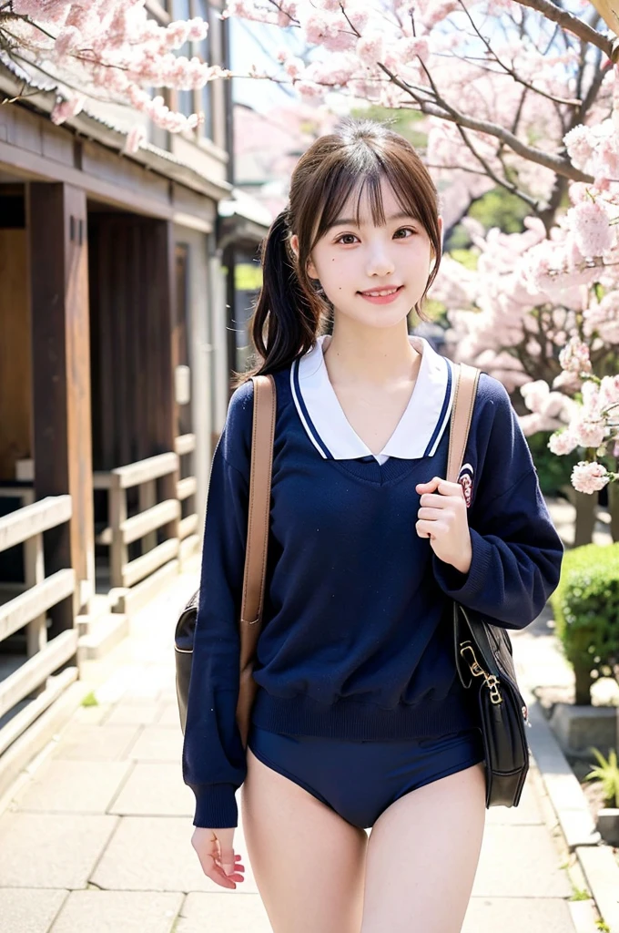 Girls walking under cherry blossoms in an old Japanese street,A wet navy blue school swimsuit with white trim,school bag,18-year-old,bangs,A small smile,Thighs,knees,Low ponytail with barrette,From below,Front light