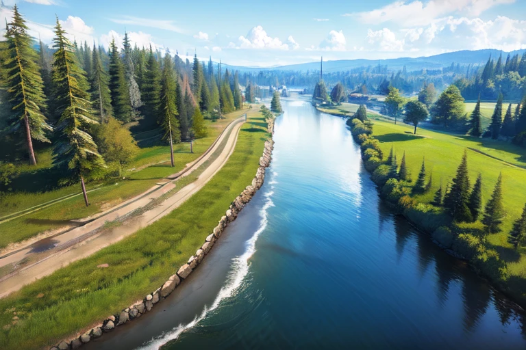 forest, river, sky, sunny, summer
