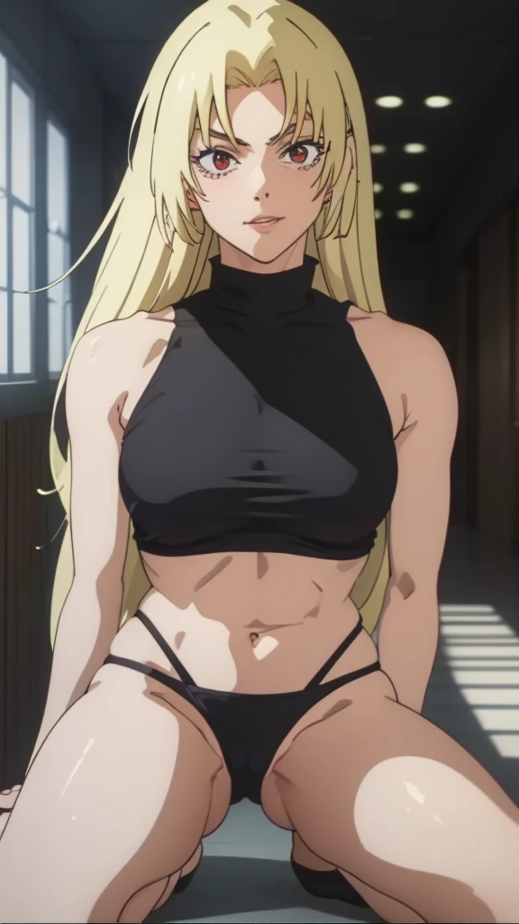 YukiTsukumo, blonde, long hair, female focus, solo, sleeveless turtleneck, blonde hair, red eyes, Yuki_Tsukumo, YukiTsukumo, YukiTsukumo, 1girl, solo, long hair, red eyes, blonde hair,bare shoulders, sleeveless, ๐ like anime full body meaty legs just black bikini big full body show leg fingers