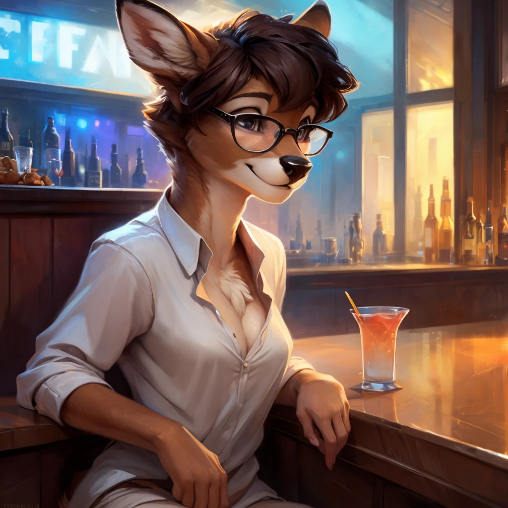 uploaded on e621, by Pixelsketcher, by Bayard Wu, by Thomas Benjamin Kennington , by Einshelm, by hioshiru and kenket, Chunie, portrait, solo anthro female deer doe, tiny featureless breasts, tiny breasts, clear dark blue, cinematic lighting, sitting inside at a party bar, night club background, shiny, short curly dark brown hair, short hair, wears big black nerd glasses, very very beautiful furry art, furry art, thoughtful, shiny, feminine, cute face, muzzle, fluffy chest, flawless face, Fallow deer, 1girl, Sakimichan is beautiful, Masterpiece, Wavethesallow Face, shiny, Detailed image, Detailed background, portrait, Detailed image, portrait, wears pure white wide, big blouse, shiny, realistic face, perfect anatomy, hourglass body, anthropomorphic deer, happy, very happy, small ears, huge black nerd glasses, wide happy eyes, smiles, big smile, holdind a cocktail glass, hourglass body, (furry body:1.1), anthropomorphic deer, small fluffy tail, detailed background, (cute anatomy:1.1), looks into the distance, sexy, sexy look