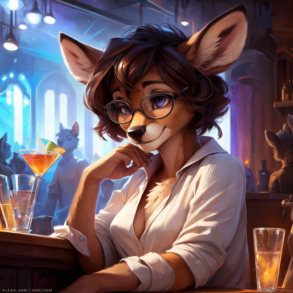uploaded on e621, by Pixelsketcher, by Bayard Wu, by Thomas Benjamin Kennington , by Einshelm, by hioshiru and kenket, Chunie, portrait, solo anthro female deer doe, tiny featureless breasts, tiny breasts, clear dark blue, cinematic lighting, sitting inside at a party bar, night club background, shiny, short curly dark brown hair, short hair, wears big black nerd glasses, very very beautiful furry art, furry art, thoughtful, shiny, feminine, cute face, muzzle, fluffy chest, flawless face, Fallow deer, 1girl, Sakimichan is beautiful, Masterpiece, Wavethesallow Face, shiny, Detailed image, Detailed background, portrait, Detailed image, portrait, wears pure white wide, big blouse, shiny, realistic face, perfect anatomy, hourglass body, anthropomorphic deer, happy, very happy, small ears, huge black nerd glasses, wide happy eyes, smiles, big smile, holdind a cocktail glass, hourglass body, (furry body:1.1), anthropomorphic deer, small fluffy tail, detailed background, (cute anatomy:1.1), looks into the distance, sexy, sexy look