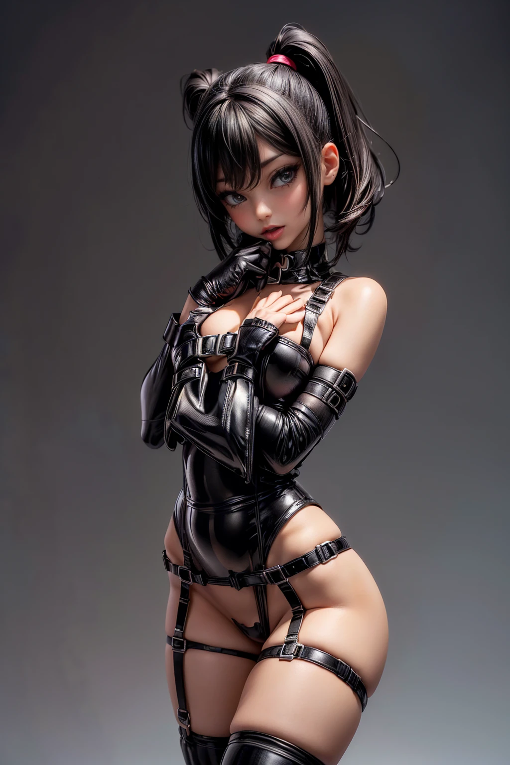 Gravure style、 Costume、(Wearing a black enamel strap-on around the crotch:1.5)、Black enamel material、Ultra glossy、Long High Heel Boots、Detailed picture、girl、25-year-old woman、Dynamic and lively pose、Crotch line、Erect ns
