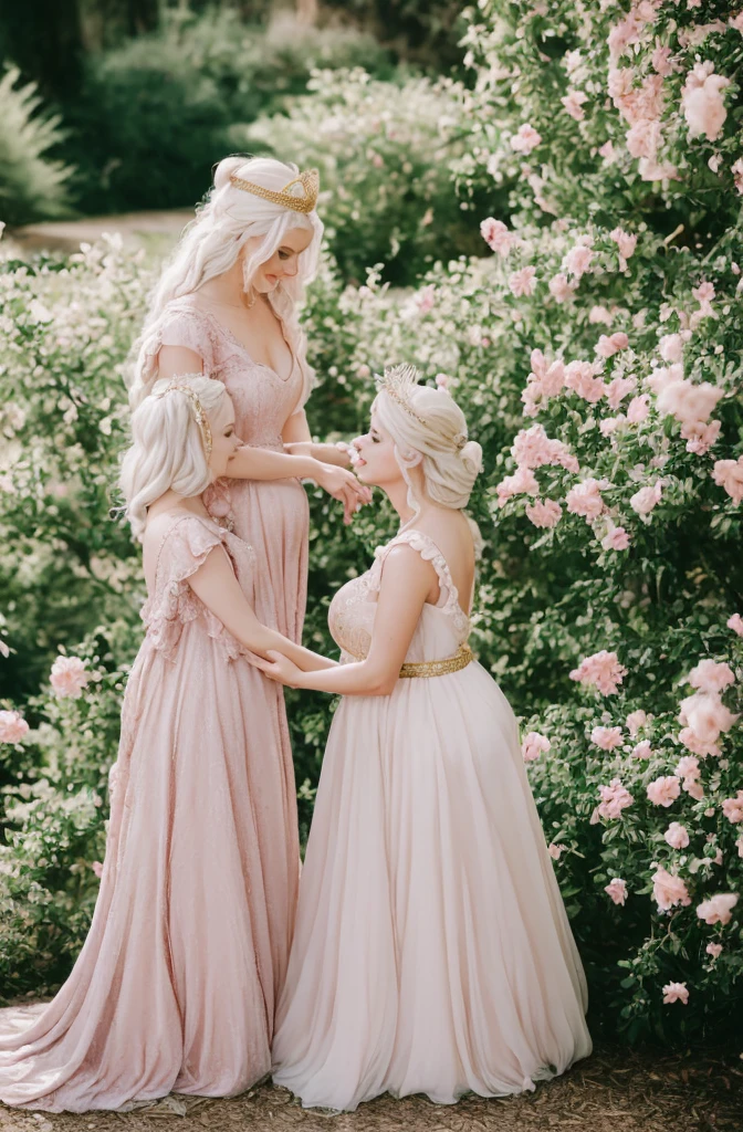 White Blonde hair, fluffy hair, stylish hair, long hair, lilac eyes, perfect eyes, beautiful, perfect face, tween, , short, kind, curvy, a flowing pale airy gown with ruffles along the bottom with tiny pink flowers and gold dragon embroideries with flowers, Her tiara had a pretty teal gemstones, silver necklace, noble class, royal, royalty, red castle, feasting hall, medieval, elegant surroundings, soft dewy makeup look, light peach blush, soft tan eyeshadow, light coral lipstick, cutesy, girlish, girly, guileless, ingénue, princess , whimsical lighting, Targaryen, dragons in the sky, photorealistic, pregnant, baby bump,