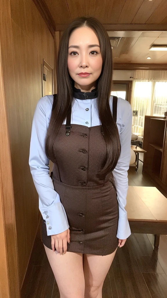((midynight, Need, 8K, tmasterpiece:1.3)), full bodyesbian, Long legs, Focalors:1.2, perfect figure beautiful woman:1.4, ((Dark brown hair)), (suspender skirt, standing on your feet:1.2), ((sobu)), Highly detailed facial and skin texture, A detailed eye, double eyelid,Beauty,Wavy hair, Wrinkles at the corners of the eyes, to emphasize, ,(Big breasted 1.2),35yo, Wrinkled eyes,