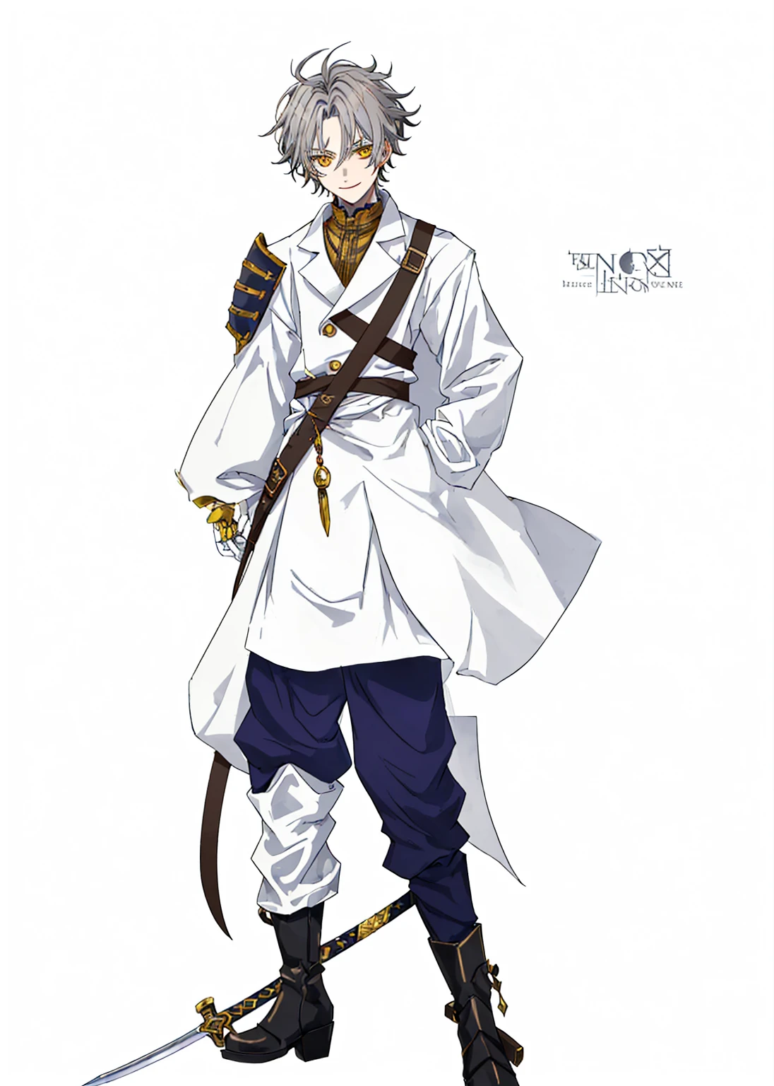 Anime, 1boy, A male character with messy gray hair and gray eyebrows to match. He has yellow eyes with black highlights and a wide smile showing his teeth. He is wearing a long white coat with yellow and brown accents, and a brown strap crossing from his right shoulder to his left waist. The character also wears white gloves, blue pants with black accents, and black boots. Behind him is a sword with a red gemstone on the pommel, which contains a clearly visible rune inside