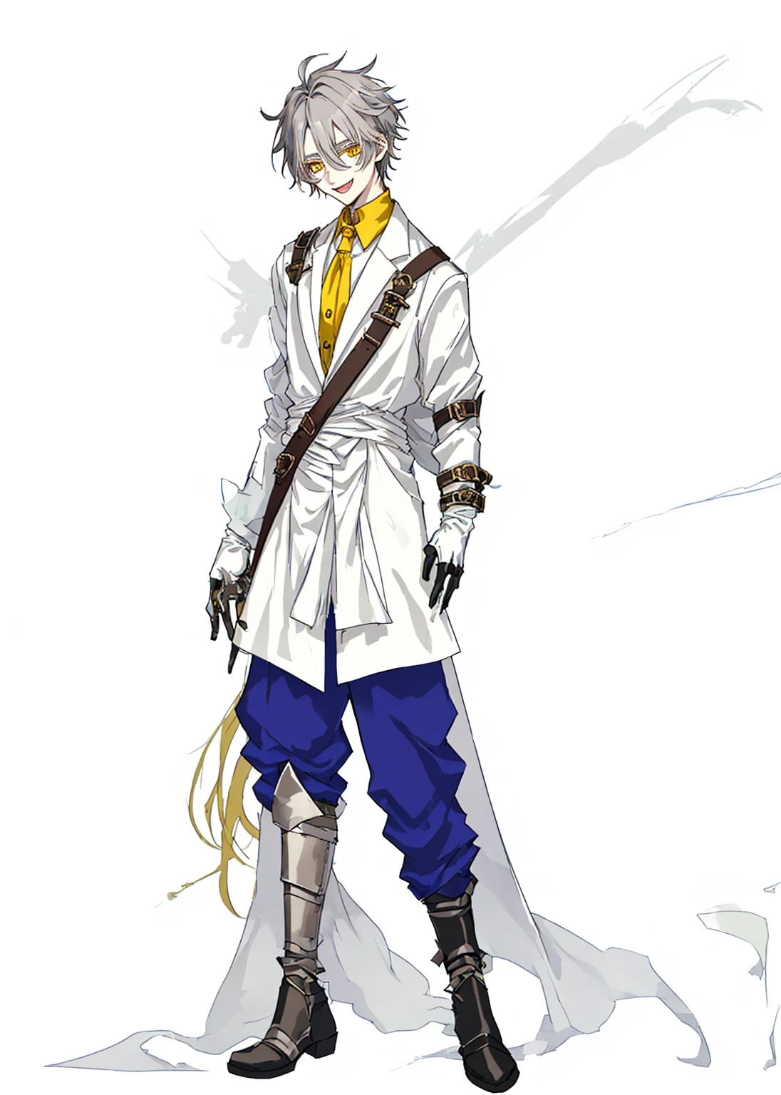 Anime, 1boy, A male character with messy gray hair and gray eyebrows to match. He has yellow eyes with black highlights and a wide smile showing his teeth. He is wearing a long white coat with yellow and brown accents, and a brown strap crossing from his right shoulder to his left waist. The character also wears white gloves, blue pants with black accents, and black boots. Behind him is a sword with a red gemstone on the pommel, which contains a clearly visible rune inside