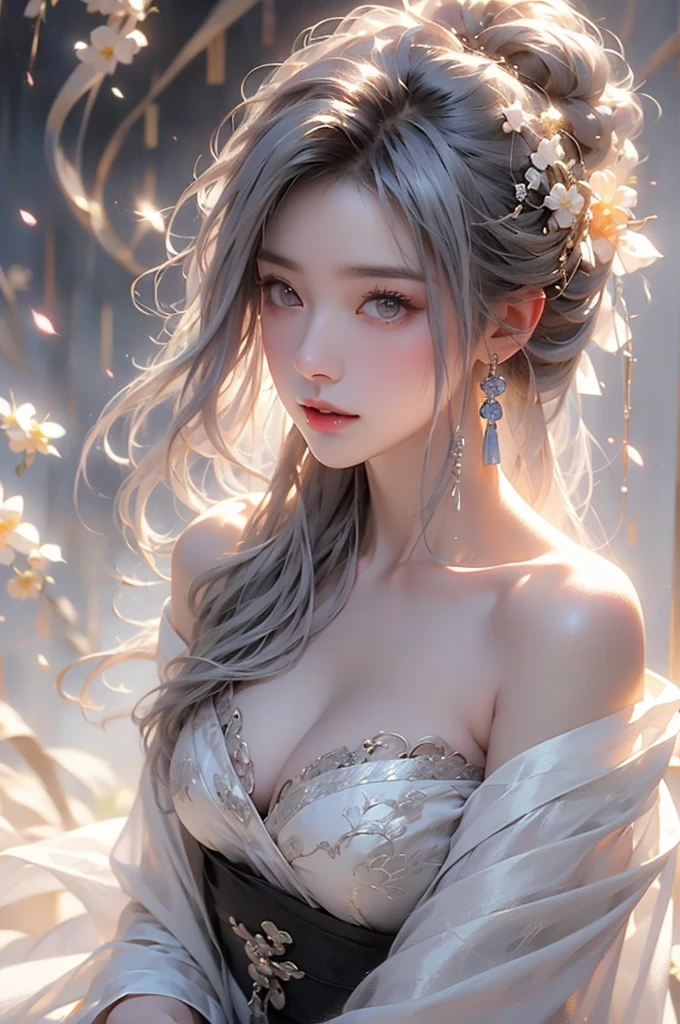 super high quality, masterpiece, Perfect illustration, Very detailed、8k wallpaper, Very detailed (Exquisite light and shadow, Very dramatic photo,Backlight) , ((Gray Hair:1.5))1 Girl, alone, (Wearing Han clothes, Royalty、Black and white Hanfu,Thick fabric,Long sleeve) Flower Field, Flowers, (White smoke:1.3) (Realistic:1.4), (Dynamic Angle: 1.4), Glowing Skin, (Floating colorful flashes: 1) The most beautiful chaotic shapes, elegant, Brutalist Design, Bright colors, Romantic Depth of Field Exotic_dance, half_naked、((Off the shoulder、Medium chest、Beautiful cleavage)),((Close-up image))