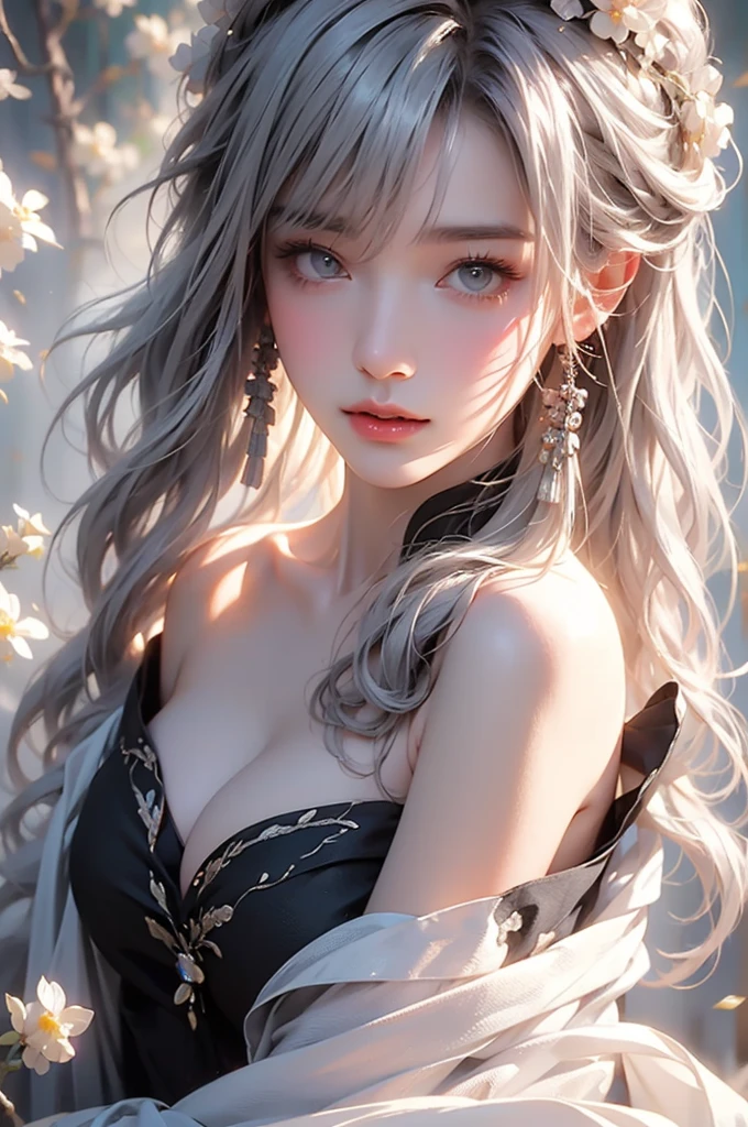 super high quality, masterpiece, Perfect illustration, Very detailed、8k wallpaper, Very detailed (Exquisite light and shadow, Very dramatic photo,Backlight) , ((Gray Hair:1.5))1 Girl, alone, (Wearing Han clothes, Royalty、Black and white Hanfu,Thick fabric,Long sleeve) Flower Field, Flowers, (White smoke:1.3) (Realistic:1.4), (Dynamic Angle: 1.4), Glowing Skin, (Floating colorful flashes: 1) The most beautiful chaotic shapes, elegant, Brutalist Design, Bright colors, Romantic Depth of Field Exotic_dance, half_naked、((Off the shoulder、Medium chest、Beautiful cleavage)),((Close-up image))